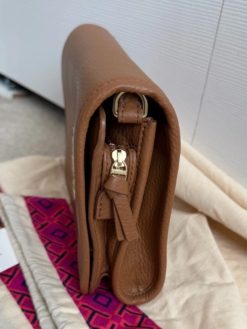 Tory Burch Caramel Tan Leather Crossbody with Gold Logo